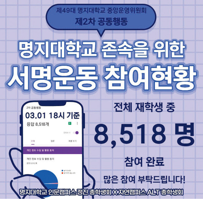 명지대 존속을 위한 재학생 서명운동. [명지대 총학생회 인스타그램 캡처]