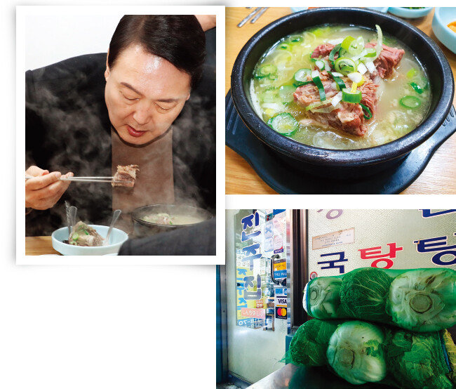 윤석열 당선인이 3월 14일 당선 후 첫 외부 공식 일정으로 서울 남대문시장을 찾아 상인회 회장단과 간담회를 마친 뒤 식당에서 식사를 하고 있다. 윤 당선인이 방문한 꼬리곰탕 전문점과 이곳의 메인 메뉴(왼쪽부터 시계 방향으로). [뉴스1, 최진렬]
