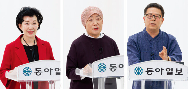 이하연 회장은 “고품질의 김치를 생산하는 것이 중요하다”고 말했다. 발효식품의 글로벌 마케팅 성공 사례를 소개하고 있는 이인자 명인. 김명성 장인은 “프리미엄 발효식품 개발”을 강조했다(왼쪽부터). [홍태식]