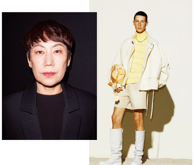 이규호 코오롱글로벌 자동차 부문 부사장의 예비 장모인 우영미 디자이너(왼쪽).우영미 디자이너가 이끄는 ‘솔리드 옴므’의 2022 S/S 룩. [GETTYIMAGES, 솔리드 옴므 홈페이지 ]