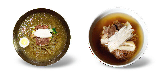 평양냉면 맛집 ‘을밀대’의 물냉면(왼쪽). 육향 가득한 육수 맛이 일품인 ‘우래옥’ 평양냉면. [동아DB]