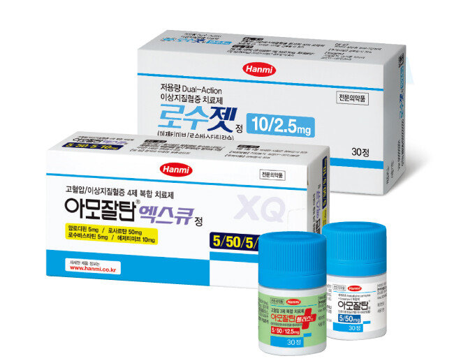 국내 복합신약 붐을 주도한 한미약품 로수젯, 아모잘탄엑스큐, 아모잘탄플러스, 아모잘탄(위부터). [사진 제공 · 한미약품]