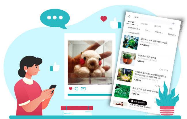 최근 유행하는 펠트 만들기(왼쪽)와 당근마켓 애플리케이션에서 수초를 검색한 결과. [사진 제공 · 김상하, 당근마켓 캡처, GETTYIMAGE]
