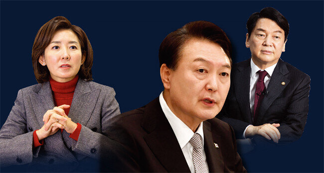 나경원 전 저출산고령사회위원회 부위원장, 윤석열 대통령, 국민의힘 안철수 의원(왼쪽부터). [동아DB]