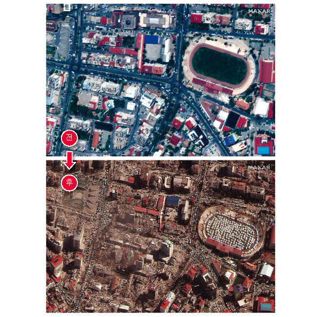 튀르키예 카흐라만마라슈 지역의 지진 발생 전후 모습. 건물은 모두 무너지고 축구장에 이재민을 위한 천막만 빼곡히 들어차 있다. [뉴시스]