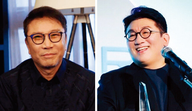 이수만 전 SM엔터테인먼트 총괄 프로듀서(왼쪽)와 방시혁 하이브 의장. [빌보드 제공]