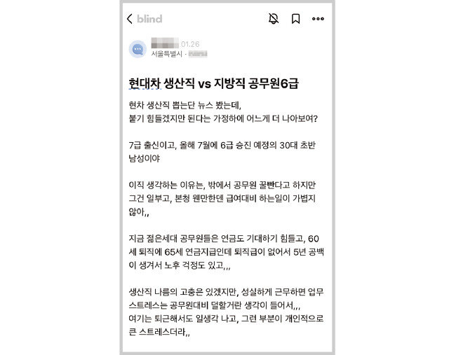 직장인 익명 커뮤니티 ‘블라인드’에 1월 26일 올라온 게시물로, 현 직장과 현대자동차 생산직의
비교우위를 평가해달라는 내용이다. [블라인드 캡처]