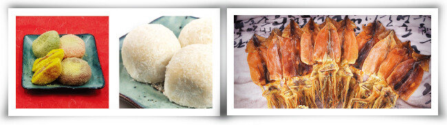 대가야푸드의 궁중찹쌀떡(왼쪽). 동해식품상사의 동해안 건오징어. [대가야푸드 제공, 동해식품상사 제공]