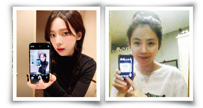 아이돌그룹 에스파의 카리나가 거울 앞에서 찍은 셀카(왼쪽). 배우 손예진이 거울 속 자신이 보이도록 찍은 셀카. [에스파 공식 홈페이지 캡처, 손예진 미투데이 캡처]