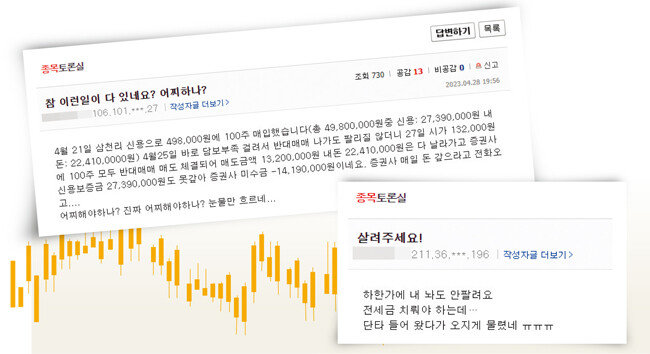‘SG증권발(發) 주가 폭락 사태’ 로 피해를 입은 개인투자자들이 한 포털사이트 종목토론실에 올린 게시물. [네이버 증권 종목토론실 캡처]