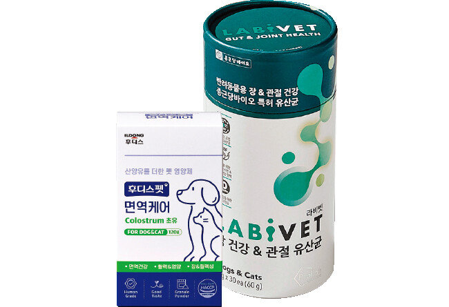4월 일동후디스가 출시한 프리미엄 펫 영양제 브랜드 ‘후디스펫’(왼쪽). 최근 반려동물 유산균 영양제 시장에서 판매 1위를 차지한 종근당바이오의 ‘라비벳’. [일동후디스 제공, 종근당바이오 제공]