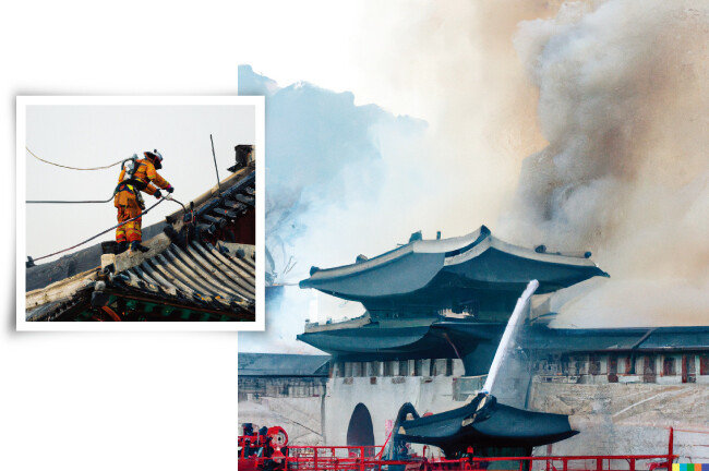 오픈AI의 이미지 생성형 인공지능(AI) ‘달리2(DALL·E 2)’에 “서울 경복궁에 화재가 발생해 소방대원들이 진압에 나섰다”는 문장을 넣으니 소방차가 경복궁 쪽으로 물을 뿌리는 이미지 등을 내놓았다. [이슬아 기자·달리2]