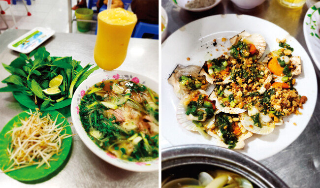 벤탄 시장(야시장)에서 맛볼 수 있는 쌀국수(왼쪽)와 조개구이. [최원규 제공]