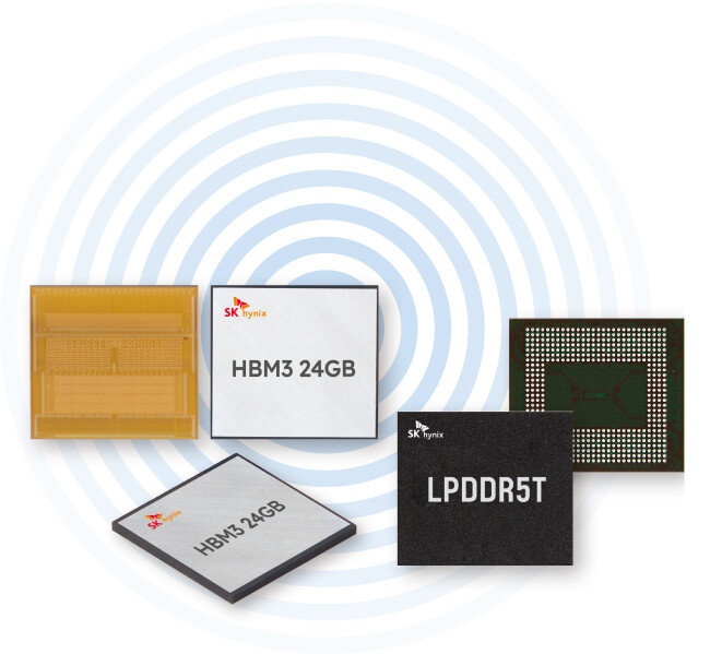 SK하이닉스가 생산하는 4세대 고대역폭메모리(HBM) ‘HBM3’(왼쪽). 인텔이 호환성을 인증한 SK하이닉스의 DDR(더블데이터레이트)5. [SK하이닉스 제공]