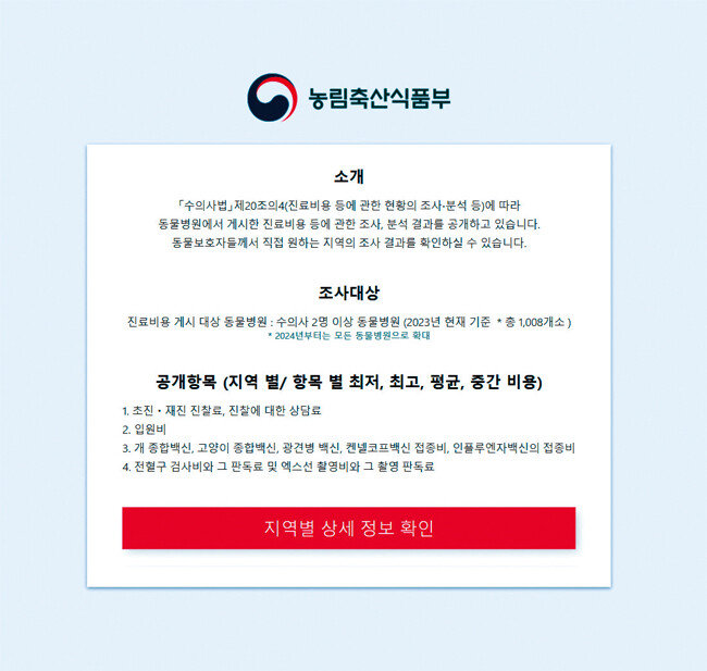 농림축산식품부가 만든 동물병원
진료비 비교 웹사이트 화면. [진료비 현황 공개 누리집 홈페이지 캡처]