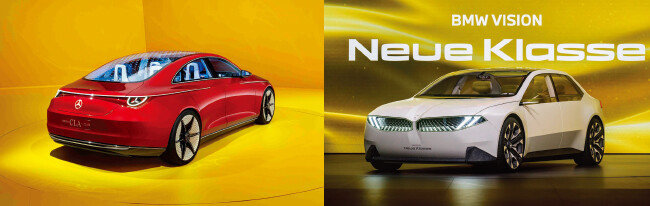 메르세데스벤츠의 ‘콘셉트 CLA 클래스’(왼쪽). ‘IAA 모빌리티 2023’에서 세계 최초로 공개된 콘셉트 카 ‘BMW 비전 노이어 클라쎄’. [메르세데스벤츠코리아 제공, BMW코리아 제공]