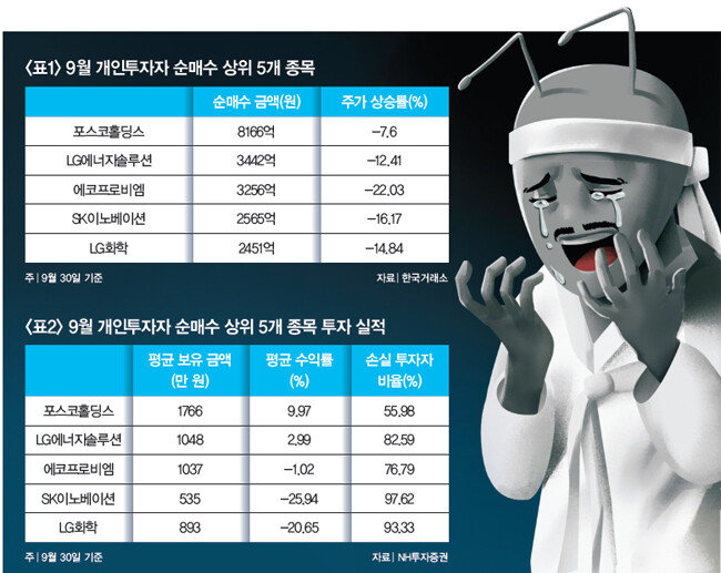 9월 개인투자자 순매수 상위 5개 종목은 모두 지수보다 큰 폭으로 하락했다. [동아DB]