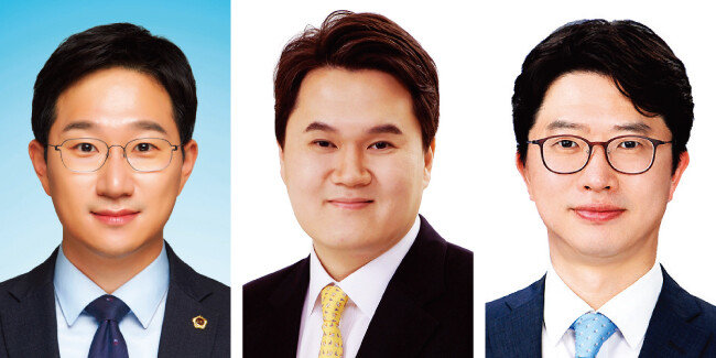 경기 성남시 분당갑 더불어민주당 예비후보로 등록한 권락용 전 이재명 대선 후보 부동산개혁위 부위원장, 김지호 
당대표 정무조정부실장, 추승우 전 서초을 지역위원장(왼쪽부터 가나다순). [중앙선거관리위원회 제공]