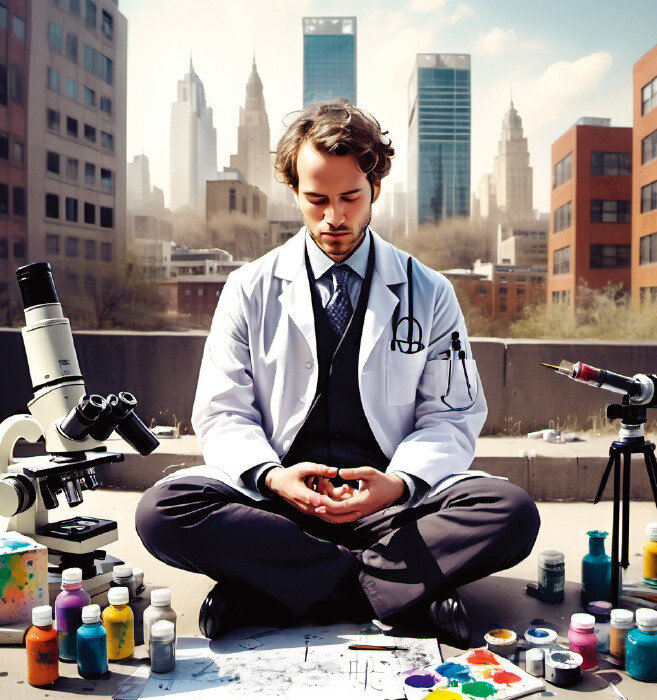 생성형 인공지능(AI)으로 만든 도시에서 명상하는 과학자 이미지. 그는 과학자인 동시에 예술가다. [김재준 제공]