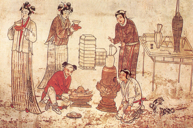 중국 허베이성 11세기 묘에서 발굴된 벽화로 거란족이 세운 요(遼)나라 생활상을 묘사한 그림이다.
