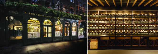 영국 런던 세인트 제임스가 3번지에 위치한 와인숍 베리 브라더스 앤 러드(BBR). 1698년 설립 이후 줄곧 이곳에 자리하고 있다(왼쪽). BBR의 고급 와인 진열장.[사진 제공·BBR]