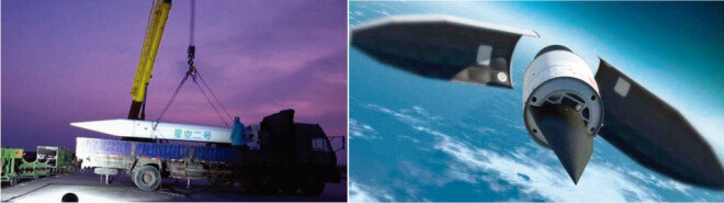 중국 극초음속 비행체 싱쿵-2호.(왼쪽) 중국 극초음속 비행체 DF-ZF(WU-14). [參考消息]