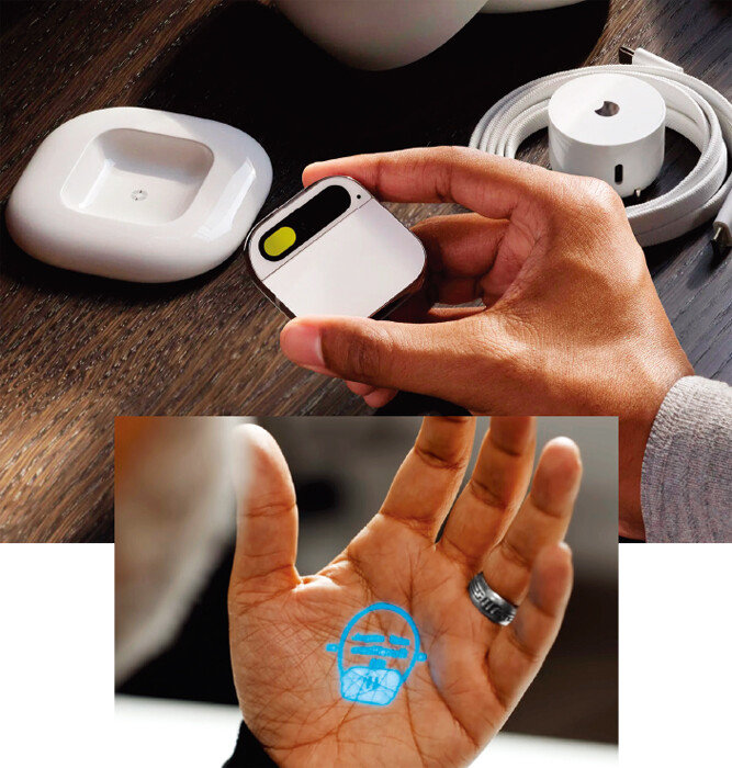 미국의 웨어러블 인공지능(AI) 디바이스 스타트업 휴메인이 개발한 ‘AI 핀(Pin)’(위)과 작동 모습. [휴메인 제공]