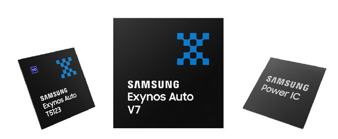삼성전자의 차량용 시스템 반도체 ‘엑시노스 오토 T5123’ ‘엑시노스 오토 V7’ ‘파워 IC’(왼쪽부터).[삼성전자 제공]