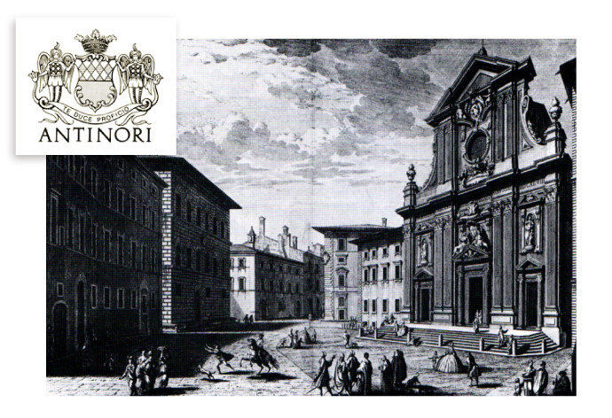 여러 길드를 통해 부를 쌓은 이탈리아 피렌체의 안티노리 가문의 문장(작은 사진)과 1506년 안티노리 가문의 성.