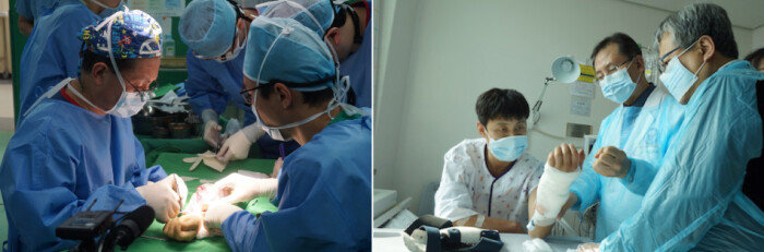지난해 2월 2일 대구 영남대의료원에서 진행된 손진욱 씨 팔이식 수술 현장(왼쪽). 수술 이후 병실에서 의료진이 손씨(왼쪽)의 팔 상태를 확인하고 있다. [사진제공·W병원]