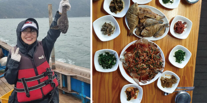 바다에서 낚은 물고기를 들고 흐뭇해하고 있다(왼쪽). 낚시한 생선으로 차린 밥상.