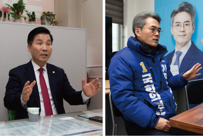 부천시을 서영석 국민의힘 예비후보(왼쪽), 김기표 민주당 예비후보. [박해윤 기자]