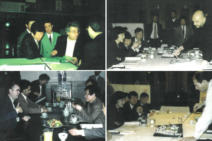 이승한 회장이 홍라희 리움미술관장과 함께 리움미술관 건립 설명을 듣는 모습. 왼쪽 위부터 시계방향으로 등장하는 건축가는 마리오 보타, 장 누벨, 렘 쿨하스, 테리 파렐 순이다. [이승한]