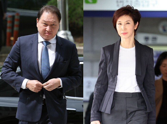 4월 16일 서울 서초구 서울고등법원에서 열린 이혼 소송 항소심 2차 변론에 출석한 최태원 회장과 노소영 아트센터 나비 관장. 5월 30일 항소심 선고공판에 두 사람은 출석하지 않았다. [뉴시스]
