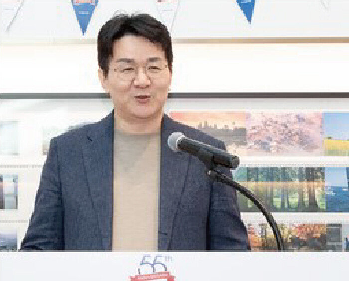 3월 4일 서울 강서구 대한항공 본사에서 조원태 한진그룹 회장이 대한항공 창립 55주년 기념사를 하고 있다. [한진그룹]
