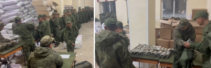 북한군 병사들이 러시아의 군 훈련장에서 보급품을 받고 있다. [우크라군 전략소통센터 및 정보보안센터 계정 영상 캡처]