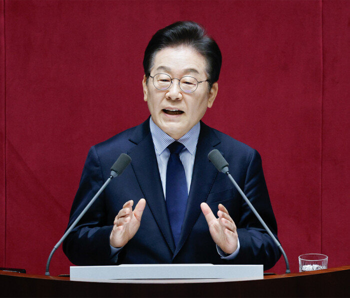 2월 10일 이재명 대표가 국회 교섭단체 대표 연설을 하고 있다. [뉴스1]