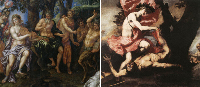 ‘사티로스(Satyros)’족 ‘마르시아스(Marsyas)’와 태양과 음악의 신 아폴로(Apollo)의 연주 대결(왼쪽). 마르시아스의 살가죽을 벗기는 아폴로. [Hendrick de Clerck, Jusepe de Ribera]