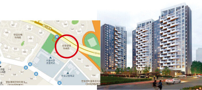 반포현대아파트는 서울지하철 9호선 사평역 2번 출구에 위치해 있다(왼쪽). 반포현대아파트는 지난해 시공사를 동부건설로 선정하고 지하 2층~지상 20층, 총 2개 동 108가구로 재건축을 추진 중이다. [재개발·재건축 클린업시스템 캡처]