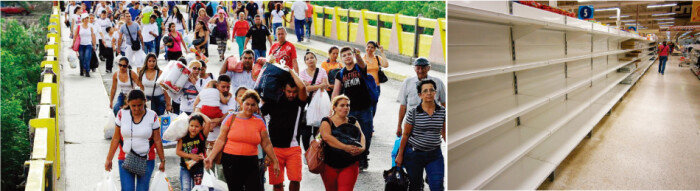 베네수엘라 국민들이 생활고 때문에 콜롬비아로 넘어가고 있다(왼쪽). 베네수엘라 수도 카라카스에 위치한 한 슈퍼마켓 진열대가 텅 비어 있다. [El Espectador, 동아DB]