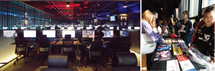 ‘라이엇 PC방’에서는 최고급 성능의 컴퓨터로 게임을 즐길 수 있다. (왼쪽) 중국 팀 ‘에드워드 게이밍(EDG)’의 응원도구를 나눠주고 있는 팬들. 