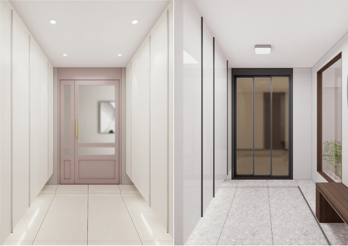 프렌치 여닫이 스타일의 홈씨씨 인테리어 중문 제품 ‘벨로’(왼쪽). 슬림 3연동의 홈씨씨 인테리어 중문 제품 ‘플리토’. [KCC글라스 제공]