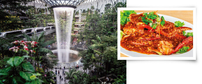 창이국제공항에 있는 초대형 복합몰 쥬얼창이(왼쪽). 매콤·달콤한 칠리맛이 일품인 칠리크랩. [GETTYIMAGES]