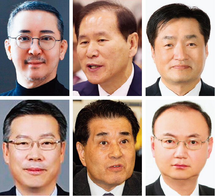 포스코홀딩스 후보추천위원회는 1월 31일 회의를 열고 차기 회장 최종 후보군을 6명으로 압축했다. 왼쪽 위부터 시계 방향으로 권영수 전 LG에너지솔루션 부회장, 김동섭 한국석유공사 사장, 김지용 포스코홀딩스 미래연구원 원장, 우유철
전 현대제철 부회장, 장인화 전 포스코 사장, 전중선 전 포스코홀딩스 사장. [뉴스1]