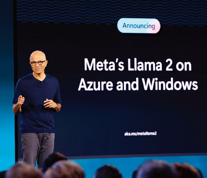 사티아 나델라 마이크로소프트(MS) 최고경영자(CEO)가 지난해 7월 19일(현지 시간) ‘MS 인스파이어 2023 콘퍼런스’에서 기조연설을 하고 있다. [MS 제공]