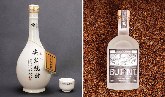 명인안동소주{왼쪽). 번트 메밀 40. [명인안동소주 제공, 브리즈앤스트림 제공]