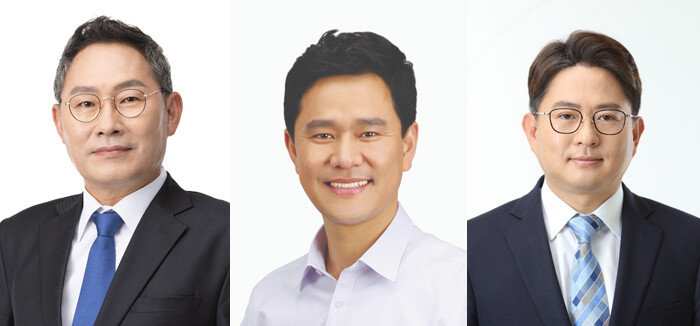 더불어민주당 박민규 전 정책위원회 부의장과 김기영 전 법률위원회 위원장, 서윤기 부대변인(왼쪽부터). [박민규 페이스북, 중앙선거관리위원회]