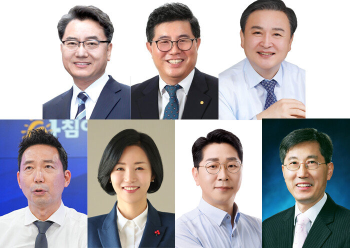 서울 광진갑 예비후보로 등록한 더불어민주당 김선갑 전 광진구청장, 김성수 전 민생경제특별위원회 부위원장, 문종철 전 서울시의회 의원(윗줄 왼쪽부터)과 이정헌 전 JTBC 앵커, 오현정 전 서울시의회 의원, 박성오 전 대통령비서실 선임행정관, 김용한 광진느루길 위원장(아랫줄 왼쪽부터). [중앙선거관리위원회, 김성수 페이스북, 문종철 페이스북, 이정헌 페이스북, 박성오 블로그] 