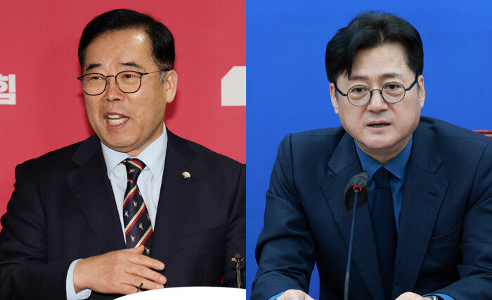 서초을 현역인 국민의힘 박성중 의원(왼쪽)과 험지 출마를 선언하며 지역구를 옮긴 더불어민주당 홍익표 의원. [뉴시스]