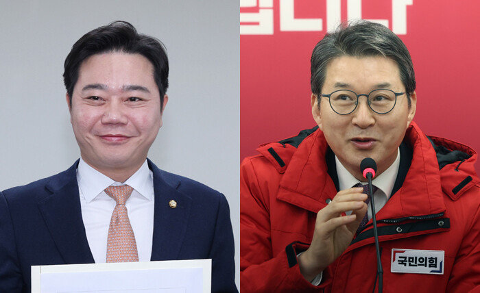 서초을 예비후보로 등록한 국민의힘 비례대표 지성호 의원(왼쪽)과 신동욱 전 TV조선 앵커. [뉴시스, 뉴스1]